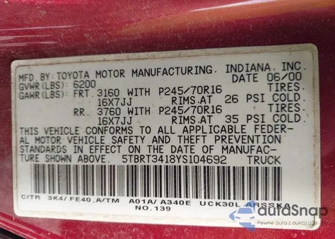 2000 Toyota Tundra Sr5 V8 z USA, uszkodzony, nr VIN 5TBRT3418YS104692
